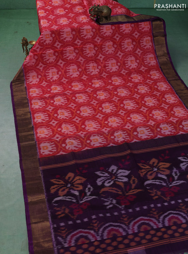 Ikat silk cotton saree peach orange and violet with allover ikat weaves and zari woven border