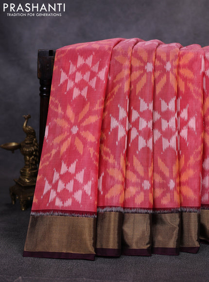 Ikat silk cotton saree peach shade and coffee brown with allover ikat weaves and zari woven border