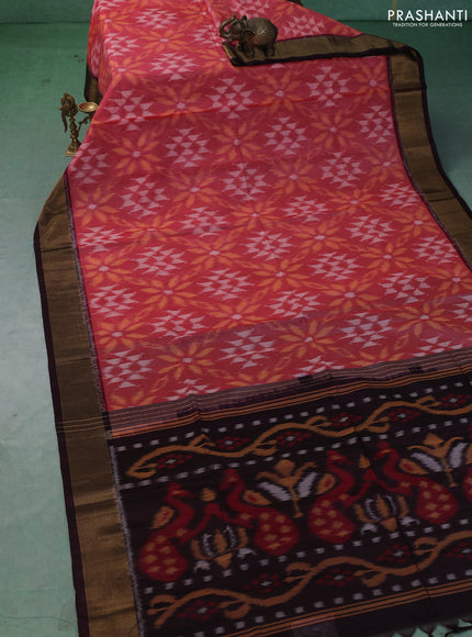 Ikat silk cotton saree peach shade and coffee brown with allover ikat weaves and zari woven border