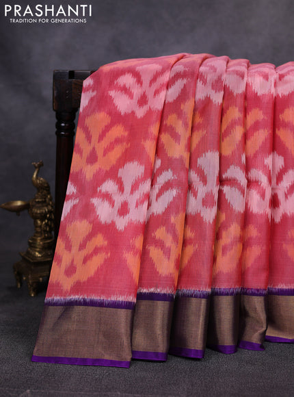 Ikat silk cotton saree peach pink and violet with allover ikat weaves and zari woven border