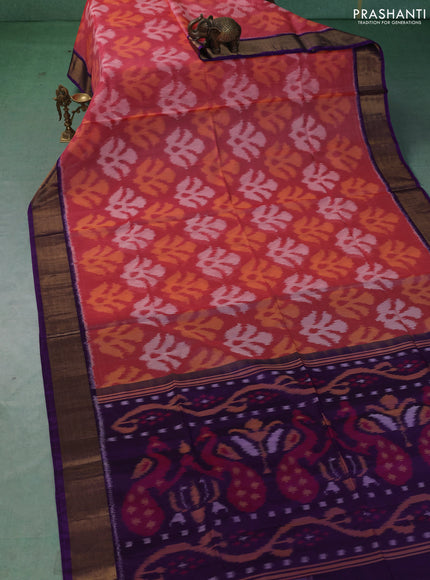 Ikat silk cotton saree peach pink and violet with allover ikat weaves and zari woven border