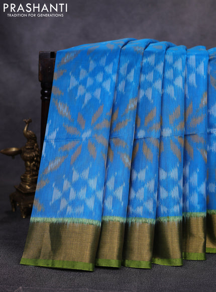 Ikat silk cotton saree cs blue and mehendi green with allover ikat weaves and zari woven border