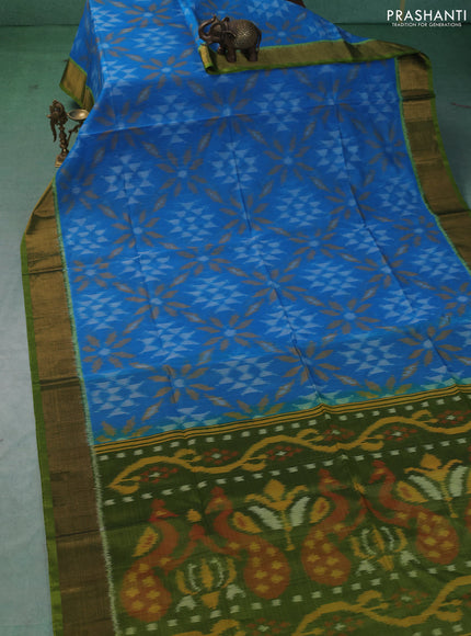 Ikat silk cotton saree cs blue and mehendi green with allover ikat weaves and zari woven border