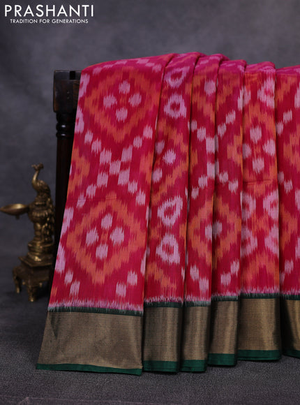 Ikat silk cotton saree pink and green with allover ikat weaves and zari woven border