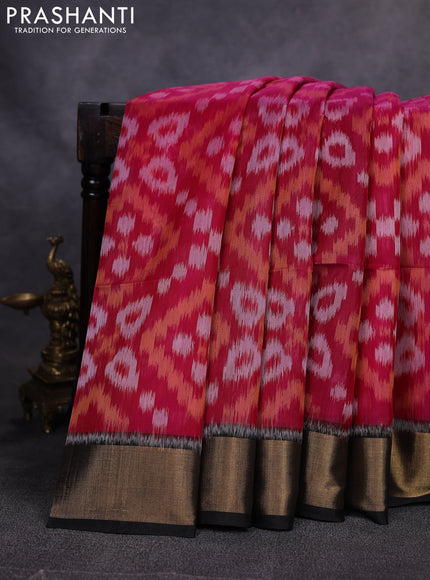 Ikat silk cotton saree dark pink and black with allover ikat weaves and zari woven border