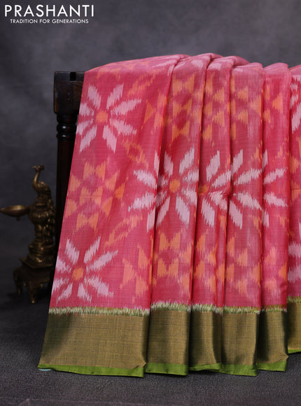 Ikat silk cotton saree pink and light green with allover ikat weaves and zari woven border