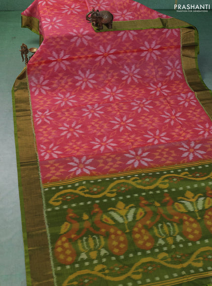 Ikat silk cotton saree pink and light green with allover ikat weaves and zari woven border