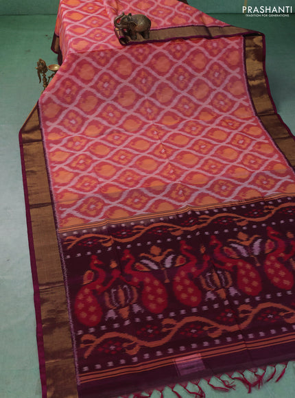 Ikat silk cotton saree peach pink and dark magenta with allover ikat weaves and zari woven border