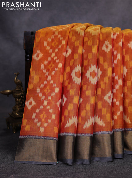 Ikat silk cotton saree sunset orange and grey with allover ikat weaves and zari woven border
