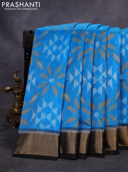 Ikat silk cotton saree cs blue and black with allover ikat weaves and zari woven border