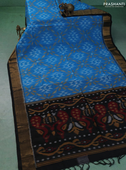 Ikat silk cotton saree cs blue and black with allover ikat weaves and zari woven border