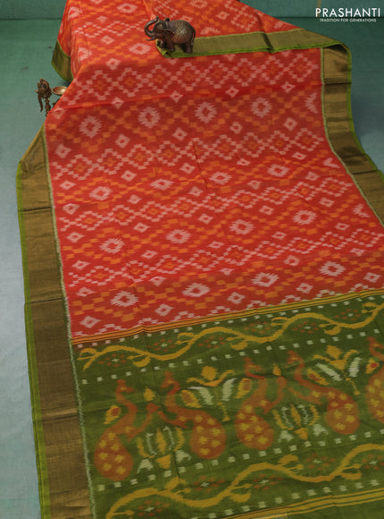 Ikat silk cotton saree orange and mehendi green with allover ikat weaves and zari woven border