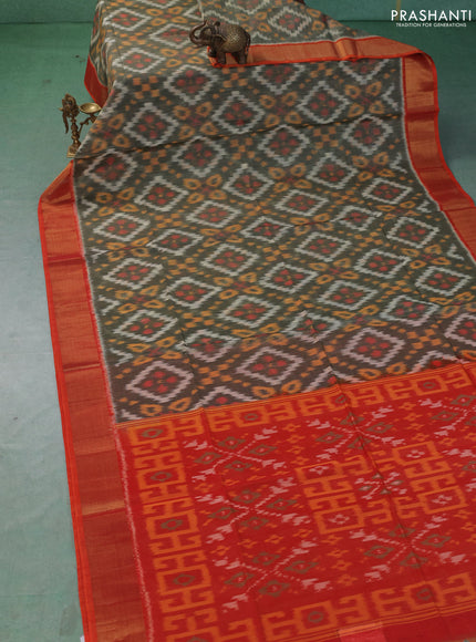Ikat silk cotton saree grey and orange with allover ikat weaves and zari woven border