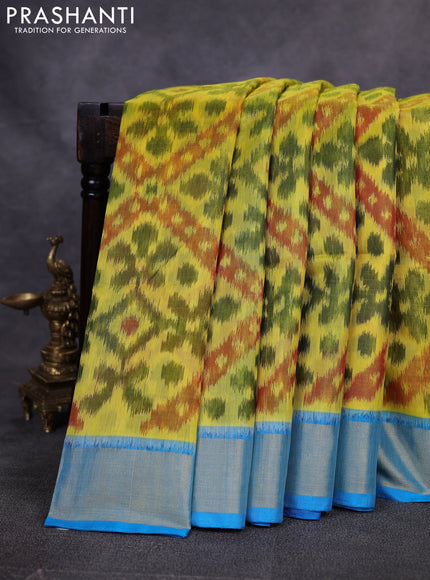 Ikat silk cotton saree lime yellow and cs blue with allover ikat weaves and zari woven border