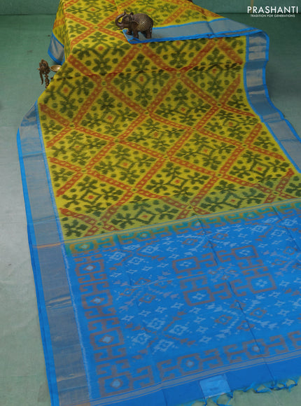 Ikat silk cotton saree lime yellow and cs blue with allover ikat weaves and zari woven border