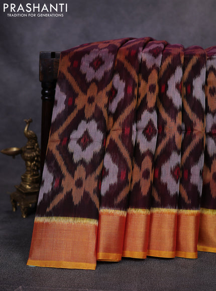 Ikat silk cotton saree deep maroon and mustard yellow with allover ikat weaves and zari woven border