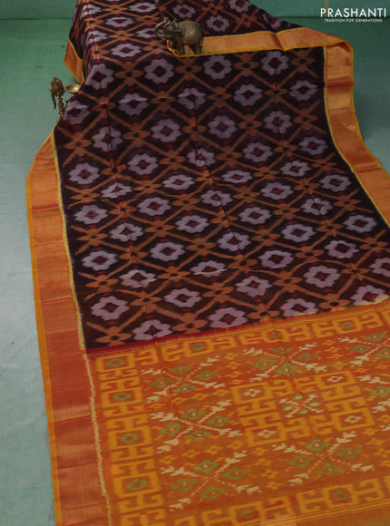 Ikat silk cotton saree deep maroon and mustard yellow with allover ikat weaves and zari woven border