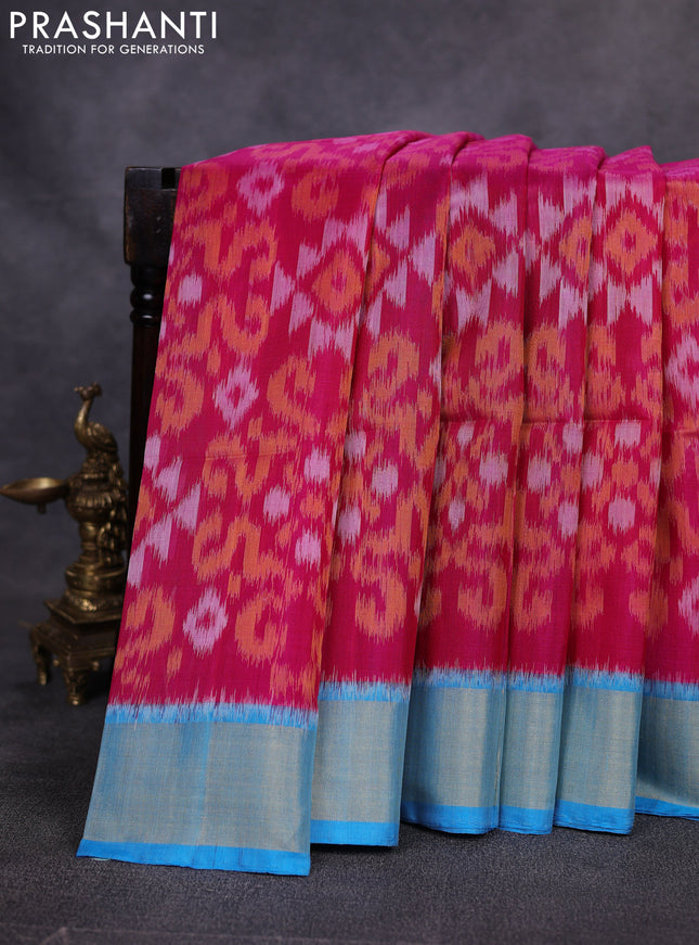 Ikat silk cotton saree pink and cs blue with allover ikat weaves and zari woven border
