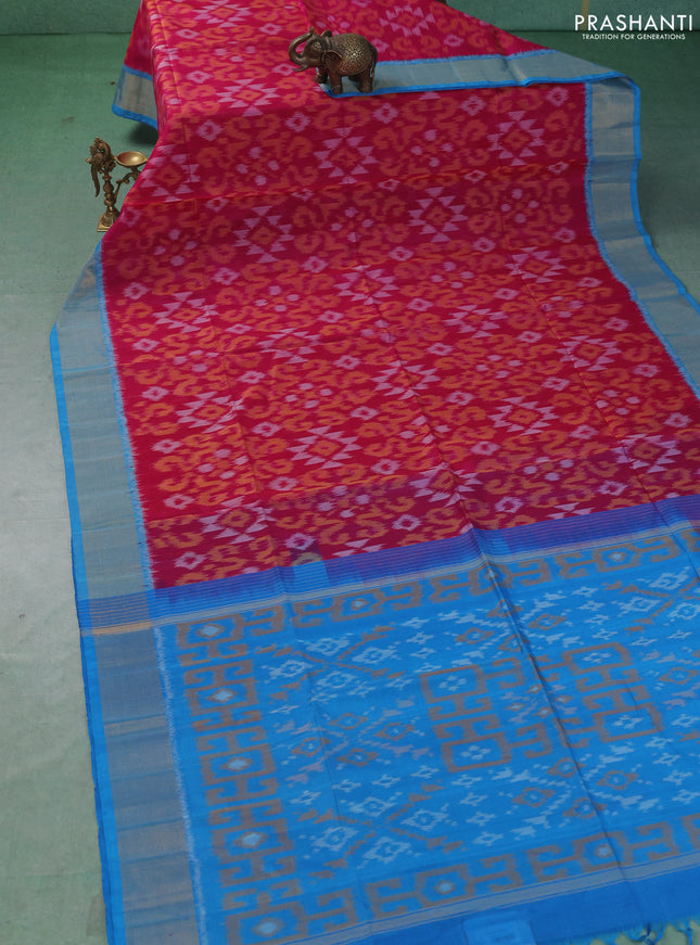 Ikat silk cotton saree pink and cs blue with allover ikat weaves and zari woven border