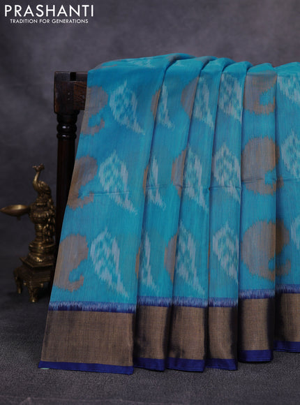 Ikat silk cotton saree cs blue and preacock blue with allover ikat weaves and zari woven border