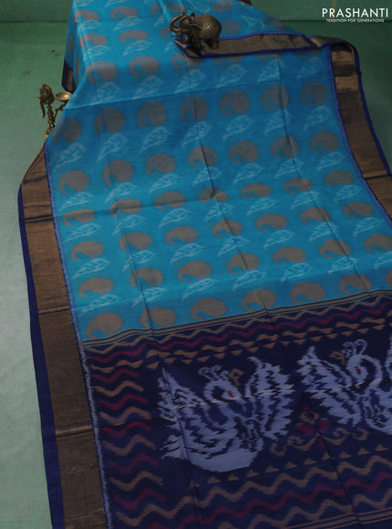 Ikat silk cotton saree cs blue and preacock blue with allover ikat weaves and zari woven border