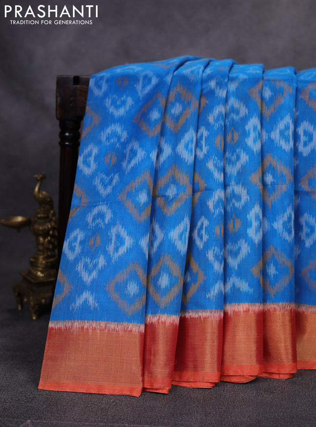 Ikat silk cotton saree cs blue and orange with allover ikat weaves and zari woven border