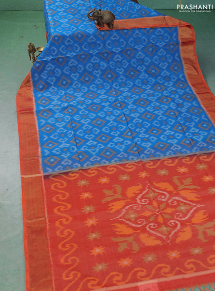 Ikat silk cotton saree cs blue and orange with allover ikat weaves and zari woven border