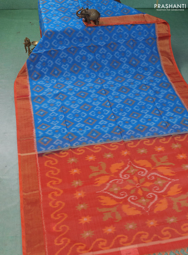 Ikat silk cotton saree cs blue and orange with allover ikat weaves and zari woven border