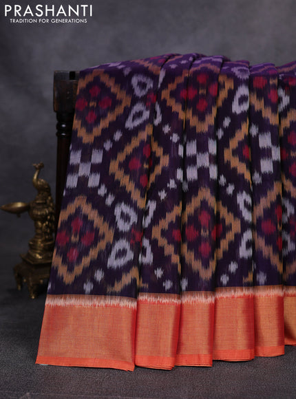 Ikat silk cotton saree blue and orange with allover ikat weaves and zari woven border