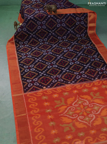 Ikat silk cotton saree blue and orange with allover ikat weaves and zari woven border