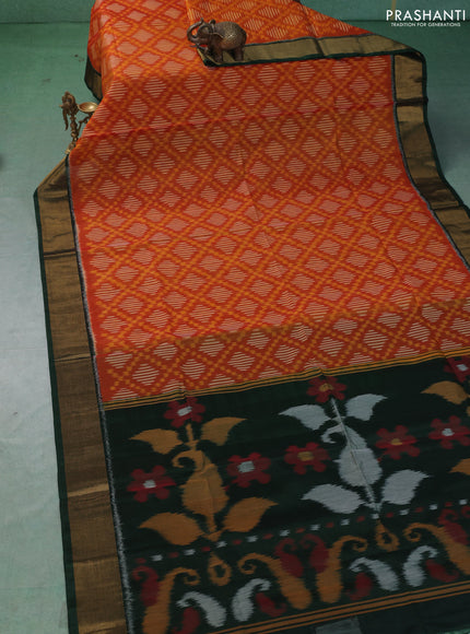 Ikat silk cotton saree orange and dark green with allover ikat weaves and zari woven border