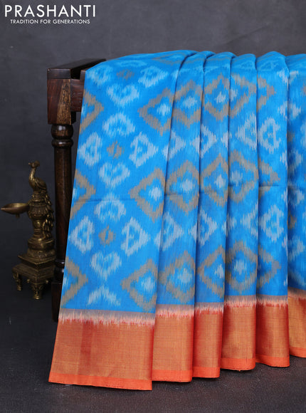 Ikat silk cotton saree cs blue and sunset orange with allover ikat weaves and zari woven border