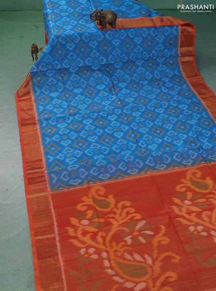 Ikat silk cotton saree cs blue and sunset orange with allover ikat weaves and zari woven border