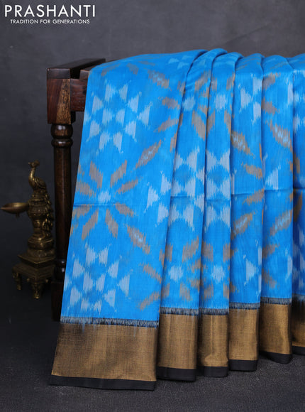 Ikat silk cotton saree cs blue and black with allover ikat weaves and zari woven border