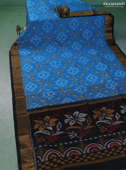 Ikat silk cotton saree cs blue and black with allover ikat weaves and zari woven border