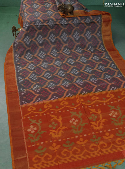 Ikat silk cotton saree grey and sunset orange with allover ikat weaves and zari woven border
