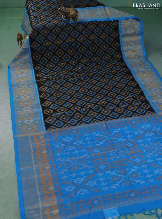 Ikat silk cotton saree black and cs blue with allover ikat weaves and long zari woven border