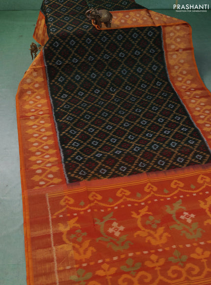 Ikat silk cotton saree dark green and sunset orange with allover ikat weaves and long zari woven border