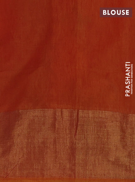 Ikat silk cotton saree dark green and sunset orange with allover ikat weaves and long zari woven border