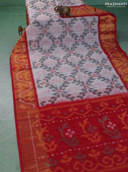 Ikat silk cotton saree off white and red with allover ikat weaves and long zari woven border