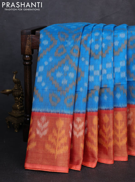 Ikat silk cotton saree cs blue and orange with allover ikat weaves and long zari woven border