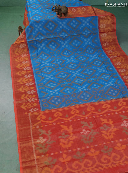 Ikat silk cotton saree cs blue and orange with allover ikat weaves and long zari woven border