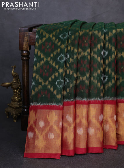 Ikat silk cotton saree green and red with allover ikat weaves and long zari woven border