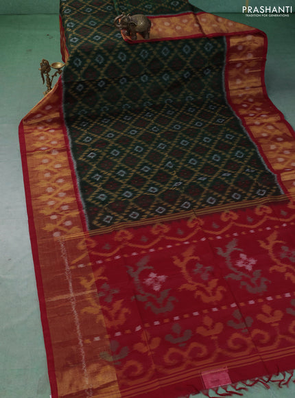 Ikat silk cotton saree green and red with allover ikat weaves and long zari woven border