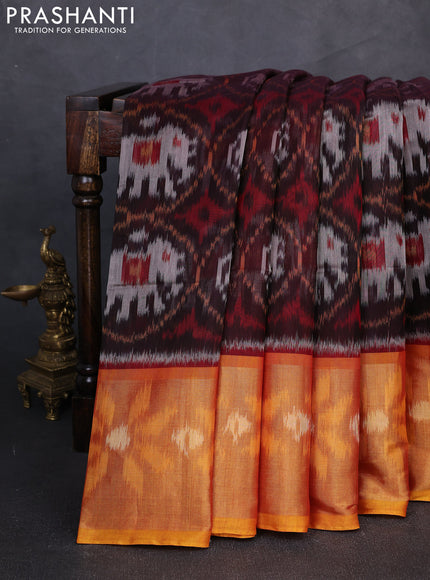 Ikat silk cotton saree coffee brown and orange with allover ikat weaves and long zari woven border
