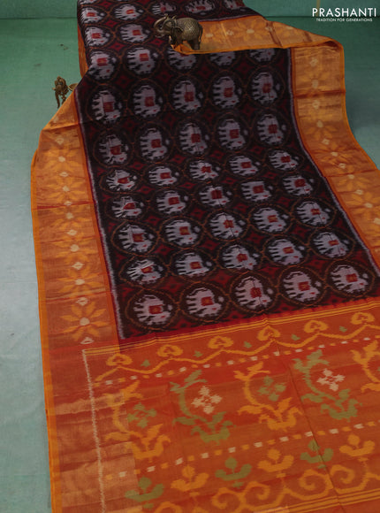 Ikat silk cotton saree coffee brown and orange with allover ikat weaves and long zari woven border