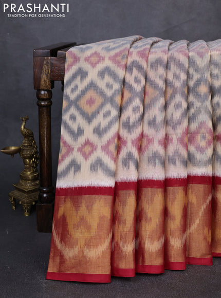 Ikat silk cotton saree cream and red with allover ikat weaves and long zari woven border