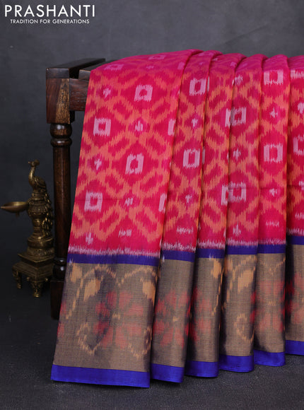 Ikat silk cotton saree pink and blue with allover ikat weaves and long zari woven border