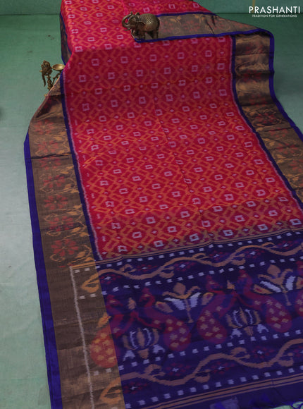 Ikat silk cotton saree pink and blue with allover ikat weaves and long zari woven border