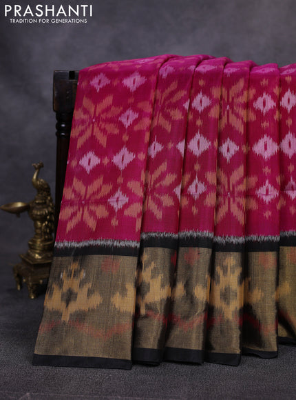 Ikat silk cotton saree pink and black with allover ikat weaves and long zari woven border